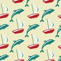 Boat and dolphin seamless pattern. Simple marine background.