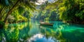 Boat drifting in quiet lagoon surrounded by lush trees Royalty Free Stock Photo
