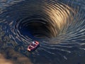 Boat drifting into a water funnel