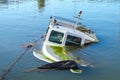 The boat drowned in the Mediterranean. Filled with water. Athens, Greece