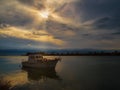 Boat in the Ebro Delta at sunrise, natural Park, Spain Royalty Free Stock Photo