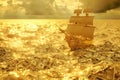 A boat effortlessly floats on a pile of money, showcasing wealth and luxury, A golden ship sinking in a sea of money, symbolizing