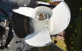 Boat Engine propeller. Close up on three bladed propeller as boat transportation concept