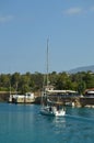 Boat Entering The Corinth Canal. Architecture, Travel, Landscape. Royalty Free Stock Photo