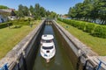 Boat entering gateway sluice locks on the Augustow Canal, Poland Royalty Free Stock Photo