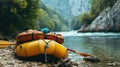 Boat and equipment for rafting instructor. Rafting on a mountain river Royalty Free Stock Photo