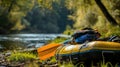 Boat and equipment for rafting instructor. Rafting on a mountain river Royalty Free Stock Photo