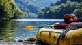 Boat and equipment for rafting instructor. Rafting on a mountain river Royalty Free Stock Photo