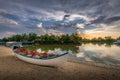 Boat filled with flowers in an iconic beautiful sunset landscape over the Danube Delta in Gura Portitei, Romania Royalty Free Stock Photo