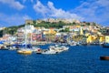 Boat filled port of the colorful island of Procida, Italy