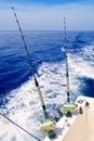 Boat fishing trolling in deep blue sea Royalty Free Stock Photo