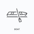 Boat flat line icon. Vector outline illustration of fishing rowboat, water transportation. Wooden dingy with paddle thin