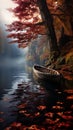 a boat floating through a body of water in the autumn Royalty Free Stock Photo
