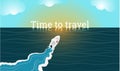 Boat floating in the sunset or sunrise. Time to travel slogan on the water. Vacation on cruise yacht Royalty Free Stock Photo