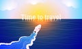 Boat floating in the sunset or sunrise. Time to travel slogan on the water Royalty Free Stock Photo