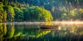 a boat floating on top of a lake next to a forest AI-Generated Content