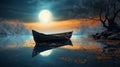 a boat floating on the water at night with a full moon in the background Royalty Free Stock Photo