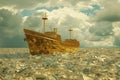 Boat Floating on Water Surrounded by Money, Financial Success Symbolism, A golden ship sinking in a sea of money, symbolizing an