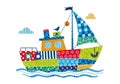 The boat floats on stylized blue waves under two patterned clouds Royalty Free Stock Photo