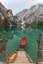 Boat tethered on stairway at Lake Braies boathouse