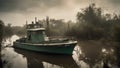 boat in the fog A scary motor yacht boat in a toxic swamp, with fog, vines,