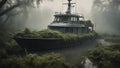 boat in the fog A scary motor yacht boat in a toxic swamp, with fog, vines,