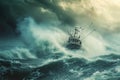 A boat forcefully navigates through rough waves and pouring rain in the midst of a violent storm at sea, An intense storm