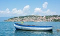 Boat in front of Ohrid town, Macedonia Royalty Free Stock Photo