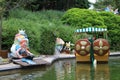 Boat and gauls and Asterix and Obelix dolls from Epidemais Croisiere attraction at Park Asterix, Ile de France, France