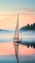 boat gently gliding across a misty lake during the serene moments of sunrise. Royalty Free Stock Photo