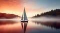 boat gently gliding across a misty lake during the serene moments of sunrise.