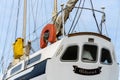 The boat, Ghost, on land by the marina in the town of Amble, Northumberland, UK Royalty Free Stock Photo