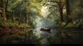 Photorealistic Wooden Boat Painting Gliding Through Lush Forest