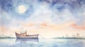 Whimsical Watercolor Boat Illustration In Serene Moonlit Landscape