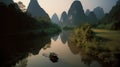 The boat goes down a river in china, in the style of grandiloquent landscapes, light yellow and dark orange, Generative AI