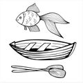 Boat and golden fish, hand drawn isolated vector illustration