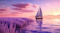 Lavender Sailboat: A Surreal 3d Landscape With Purple Flowers Royalty Free Stock Photo