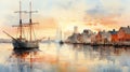 Cinematic Watercolor Sailboat Painting With Detailed Cityscape