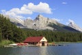 Boat house on an alpine lake in Canadian Rockies