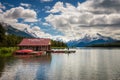 Boat house and canoes on a jetty at Maligne Lake in Jasper National Park