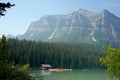 The boat house at Lake Louise with the Saddle Mountain in the background, Banff, Alberta, Canada Royalty Free Stock Photo