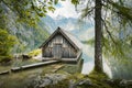 Boat house at Lake Obersee in the Alps, Bavaria, Germany