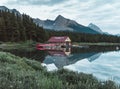 The boat house on Maligne Lake of Jasper National Park Royalty Free Stock Photo
