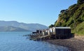 Boat Houses on Akaroa Harbour, New Zealand. Royalty Free Stock Photo