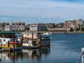 Boat houses and helicopter at Fisherman wharf Royalty Free Stock Photo