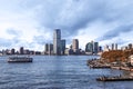 Boat on Hudson River with Pedestrian Walkway Royalty Free Stock Photo