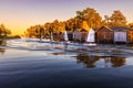 Boat huts on the lake in Plau in the Mecklenburg Lake District in Germany at sunrise