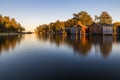 Boat huts in Plau on the Mecklenburg Lake District in Germany at sunset