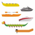 Boat icons set. Flat illustration of different kind of river boat transportation. Include banana boat  speed boat  dragon ship Royalty Free Stock Photo