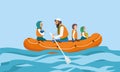 Boat immigrant family concept banner, flat style